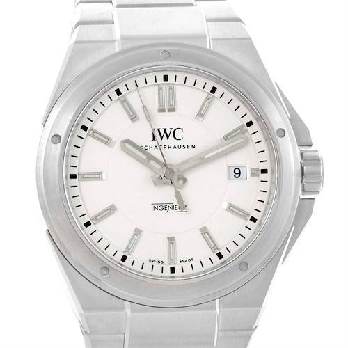 This image shows the front view of an IWC Ingenieur IW323904 Men's Stainless Steel Silver Dial IW323904 Men's Stainless Steel Silver Dial watch, displaying the dial, hands, date window, and portion of the bracelet.