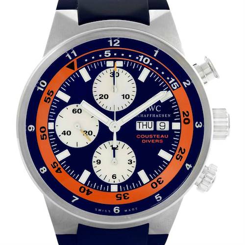 The image shows a front view of an IWC Aquatimer IW378101 Men's Stainless Steel Blue Dial IW378101 Men's Stainless Steel Blue Dial watch, featuring a chronograph function, date display, and orange and blue accents.