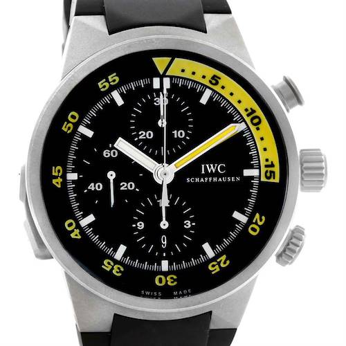The image shows a frontal view of the IWC Aquatimer IW372304 Men's Titanium Black Dial IW372304 Men's Titanium Black Dial watch, highlighting its black dial, yellow bezel, and chronograph sub-dials.