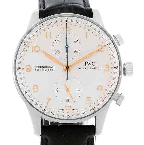 This image shows a frontal view of the IWC Portuguese IW371401 Men's Stainless Steel Silver Dial IW371401 Men's Stainless Steel Silver Dial chronograph watch, highlighting its dial, hands, and strap.