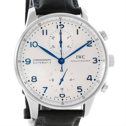 The image shows a front view of an IWC Portuguese IW371417 Men's Stainless Steel Silver Dial IW371417 Men's Stainless Steel Silver Dial Chronograph, highlighting its face, hands, and dial in detail.