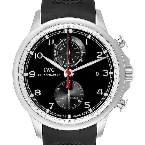 The image shows the front view of an IWC Portuguese IW390210 Men's Stainless Steel Black Dial IW390210 Men's Stainless Steel Black Dial Yacht Club watch, displaying its dial, hands, subdials, and pushers.