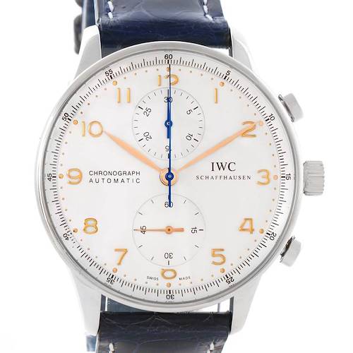 The image shows a front view of the IWC Portuguese IW371445 Men's Stainless Steel Silver Dial IW371445 Men's Stainless Steel Silver Dial Chronograph Automatic watch, displaying its dial, hands, and crown.