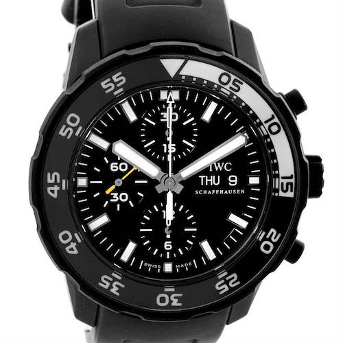 The image shows a front view of the IWC Aquatimer IWC3767-05 Men's Stainless Steel Black Dial IWC3767-05 Men's Stainless Steel Black Dial watch, highlighting its dial, bezel, and strap.