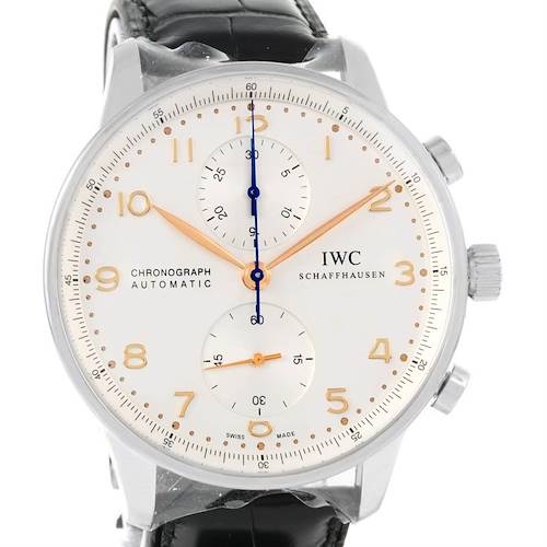 The image shows a front view of an IWC Portuguese IW371445 Men's Stainless Steel Silver Dial IW371445 Men's Stainless Steel Silver Dial Chronograph watch, displaying the dial, hands, and sub-dials.
