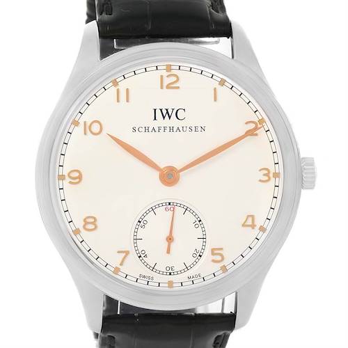 The image shows a frontal view of the IWC Portuguese IW545405 Men's Stainless Steel Silver Dial IW545405 Men's Stainless Steel Silver Dial model watch, featuring its dial, hands, and strap attachment.