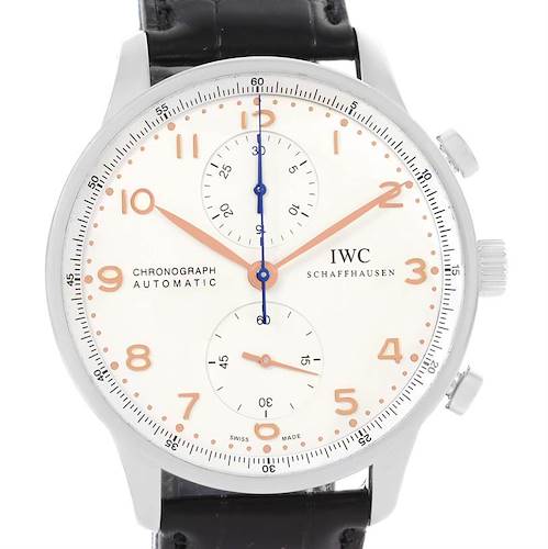 The image shows the front view of the IWC Portuguese IW371401 Men's Stainless Steel Silver Dial IW371401 Men's Stainless Steel Silver Dial Chronograph Automatic watch, including the dial, hands, and part of the strap.