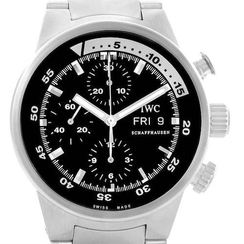 The image shows a frontal view of the IWC Aquatimer IW371928 Men's Stainless Steel Black Dial IW371928 Men's Stainless Steel Black Dial watch, highlighting the dial, hands, and subdials.