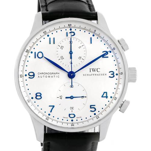 The image shows a frontal view of the IWC Portuguese IW371417 Men's Stainless Steel Silver Dial IW371417 Men's Stainless Steel Silver Dial chronograph watch, highlighting its blue numerals, hands, and subdials.