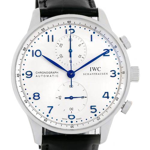 This is a front view of the IWC Portuguese IW371417 Men's Stainless Steel Silver Dial IW371417 Men's Stainless Steel Silver Dial Chronograph Automatic watch, displaying the white dial, blue hands, and black leather strap.