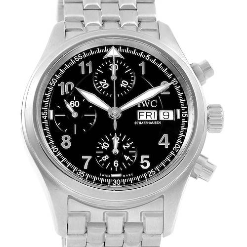 The image shows a front view of the IWC Pilot IW370618 Men's Stainless Steel Black Dial IW370618 Men's Stainless Steel Black Dial model watch, featuring its dial, chronograph subdials, date display, and metal bracelet.