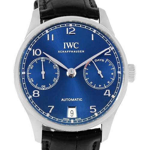 The image shows a frontal view of an IWC Portuguese IW500710 Men's Stainless Steel Blue Dial IW500710 Men's Stainless Steel Blue Dial model watch with a blue dial, two subdials, and a date window.