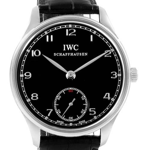 This image shows the front view of an IWC Portuguese IW545407 Men's Stainless Steel Black Dial IW545407 Men's Stainless Steel Black Dial model watch, displaying the dial, hands, and part of the leather strap.