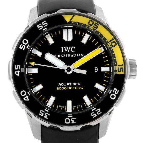The IWC Aquatimer IW356808 Men's Stainless Steel Black Dial IW356808 Men's Stainless Steel Black Dial watch is shown from the front, displaying its dial, bezel, and part of the strap.