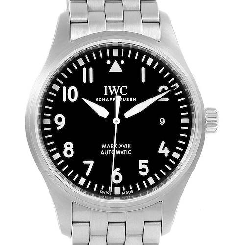 The IWC Pilot IW327011 Men's Stainless Steel Black Dial IW327011 Men's Stainless Steel Black Dial Watch Mark XVIII is shown from a front angle, displaying the dial, markers, hands, and part of the bracelet.