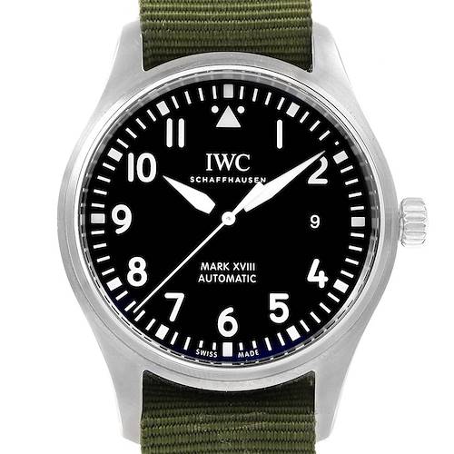 This image shows a front view of the IWC Pilot IW327011 Men's Stainless Steel Black Dial IW327011 Men's Stainless Steel Black Dial Mark XVIII watch, displaying the dial, hands, crown, and part of the green strap.