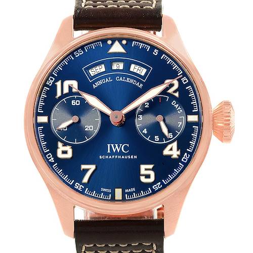 The image shows a close-up of the IWC Pilot IW502701 Men's Rose Gold Blue Dial IW502701 Men's Rose Gold Blue Dial model watch, featuring the dial with an annual calendar and subdials.