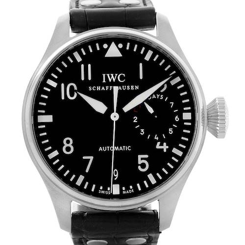 The image shows a front view of the IWC Pilot IW500901 Men's Stainless Steel Black Dial IW500901 Men's Stainless Steel Black Dial model watch, highlighting the face, dial, and black leather strap.