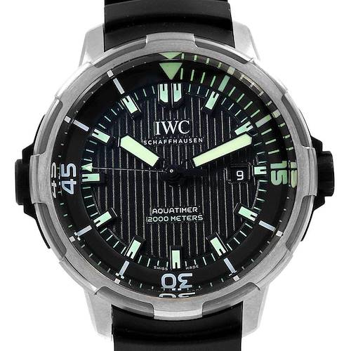 The image shows a front view of the IWC Aquatimer IW358002 Men's Stainless Steel Black Dial IW358002 Men's Stainless Steel Black Dial watch, highlighting its dial, bezel, and strap.