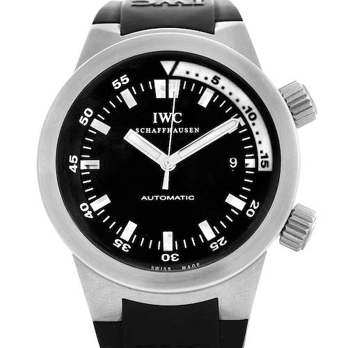 This image shows a front-facing view of the IWC Aquatimer IW354807 Men's Stainless Steel Black Dial IW354807 Men's Stainless Steel Black Dial watch, displaying the dial, hands, crown, and part of the strap.