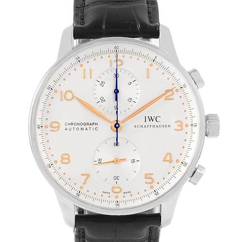 This IWC Portuguese IW371445 Men's Stainless Steel Silver Dial IW371445 Men's Stainless Steel Silver Dial watch is shown from the front, displaying the face, chronograph subdials, and crown.