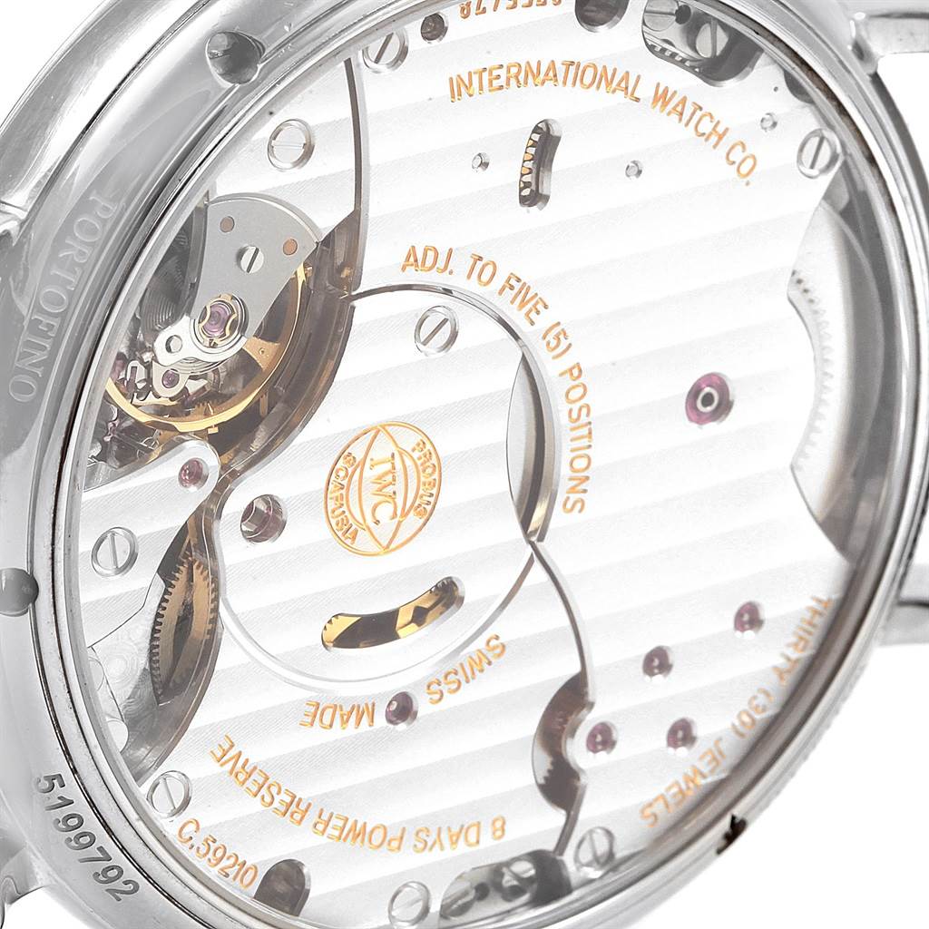 This image shows the back view of an IWC Portofino IW510106 Men's Stainless Steel Blue Dial IW510106 Men's Stainless Steel Blue Dial watch, revealing the intricate internal mechanics and engravings.