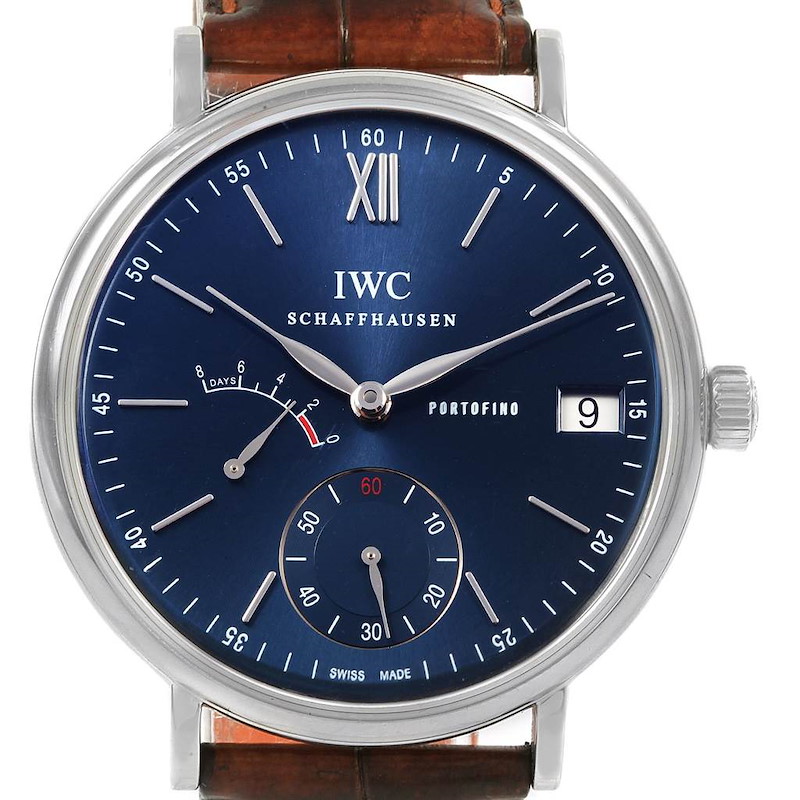 This image shows a front angle of the IWC Portofino IW510106 Men's Stainless Steel Blue Dial IW510106 Men's Stainless Steel Blue Dial watch, displaying the dial, hands, date window, subdials, and strap.