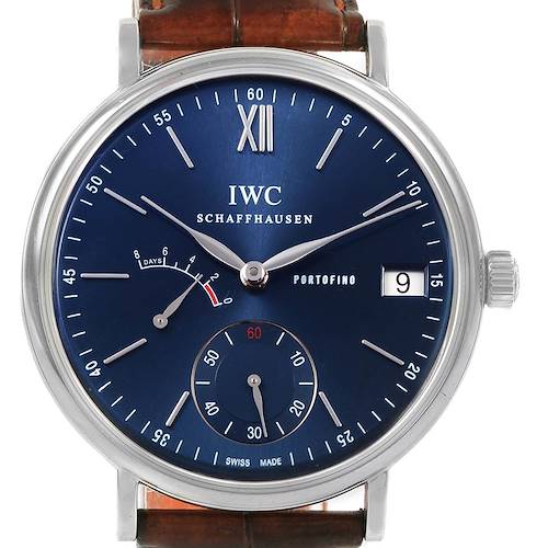 The image shows the IWC Portofino IW510106 Men's Stainless Steel Blue Dial IW510106 Men's Stainless Steel Blue Dial watch face straight-on, highlighting its dials, markers, hands, and date display.