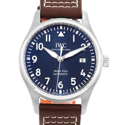 The image shows a frontal view of the IWC Pilot IW327010 Men's Stainless Steel Blue Dial IW327010 Men's Stainless Steel Blue Dial Mark XVIII watch, highlighting its dial, hands, date display, and brown leather strap.