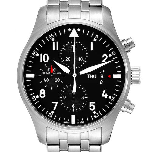 The image shows the face and partial bracelet of an IWC Pilot IW377704 Men's Stainless Steel Black Dial IW377704 Men's Stainless Steel Black Dial model watch from a straightforward, front-facing angle.