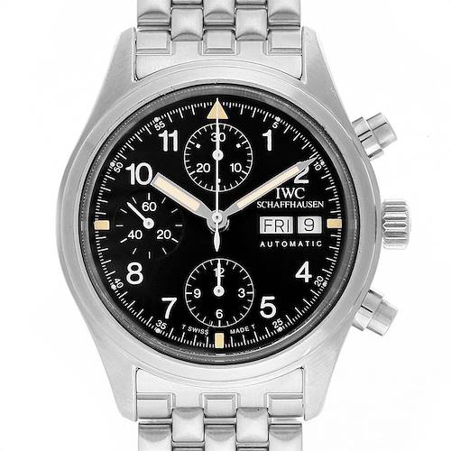 The image shows a front view of the IWC Pilot IW370607 Men's Stainless Steel Black Dial IW370607 Men's Stainless Steel Black Dial model watch, featuring its black dial, chronograph subdials, and stainless steel bracelet.