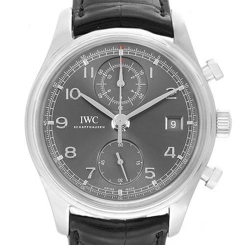 The image shows a front view of a Portuguese model IWC watch, highlighting the watch face, dial, and leather strap.