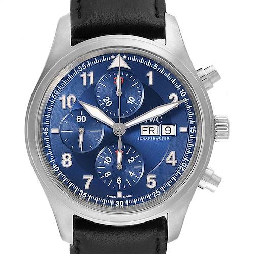 The image shows a front view of the IWC Pilot IW371712 Men's Stainless Steel Blue Dial IW371712 Men's Stainless Steel Blue Dial watch, featuring a blue dial, chronograph subdials, and a black leather strap.