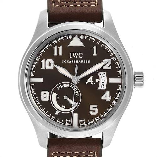 This IWC Pilot IW320104 Men's Stainless Steel Brown Dial IW320104 Men's Stainless Steel Brown Dial watch is shown from the front, displaying its face, hands, and leather strap.