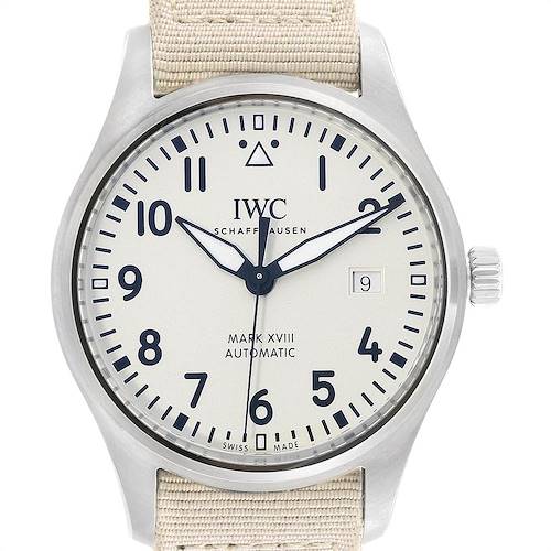 The image shows a front view of the IWC Pilot IW327017 Men's Stainless Steel Silver Dial IW327017 Men's Stainless Steel Silver Dial Mark XVIII watch, highlighting the dial, hands, and date window.