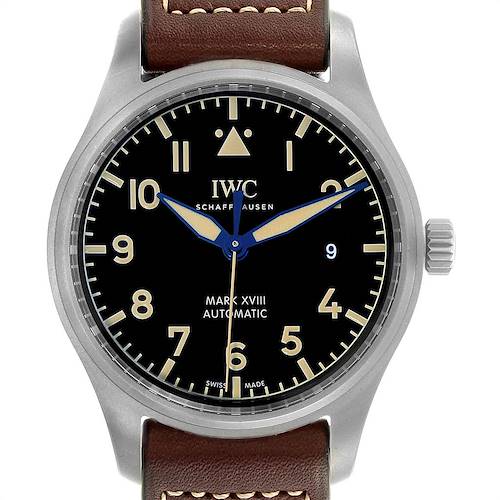 This is a front view of the IWC Pilot IW327006 Men's Titanium Black Dial IW327006 Men's Titanium Black Dial Mark XVIII Automatic watch, showing the dial, hands, case, and part of the leather strap.