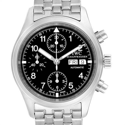 This image shows a front view of the IWC Pilot IW370603 Men's Stainless Steel Black Dial IW370603 Men's Stainless Steel Black Dial model watch, displaying its dial, subdials, and buttons.