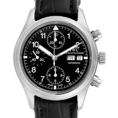 The IWC Pilot IW370603 Men's Stainless Steel Black Dial IW370603 Men's Stainless Steel Black Dial watch is shown from the front, highlighting the black dial, chronograph subdials, day/date display, and crown.