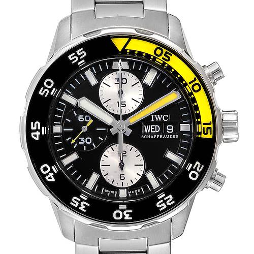 The image shows a frontal view of the IWC Aquatimer IW376701 Men's Stainless Steel Black Dial IW376701 Men's Stainless Steel Black Dial watch, featuring its dial, bezel, chronograph subdials, and bracelet.