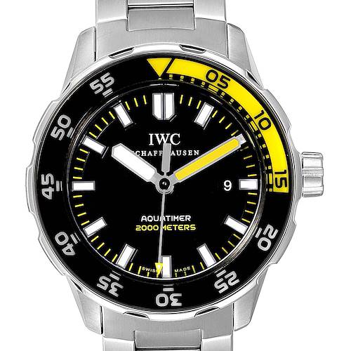 The image shows a front view of the IWC Aquatimer IW356801 Men's Stainless Steel Black Dial IW356801 Men's Stainless Steel Black Dial watch, highlighting the dial, bezel, hands, and bracelet.