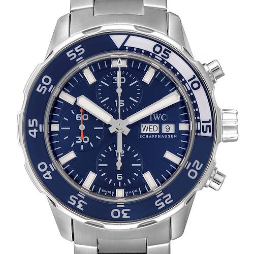 The image shows a front view of the IWC Aquatimer IW376710 Men's Stainless Steel Blue Dial IW376710 Men's Stainless Steel Blue Dial watch, revealing the dial, bezel, chronograph sub-dials, and bracelet.
