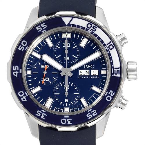 The watch shown is an IWC Aquatimer IW376711 Men's Stainless Steel Blue Dial IW376711 Men's Stainless Steel Blue Dial model, viewed from the front, displaying the face, bezel, and pushers.