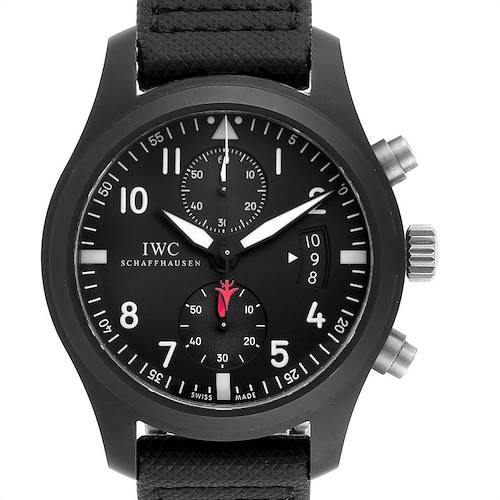 The image shows the front view of the IWC Pilot IW388001 Men's Titanium Black Dial IW388001 Men's Titanium Black Dial model watch, highlighting its face, crown, and pushers.