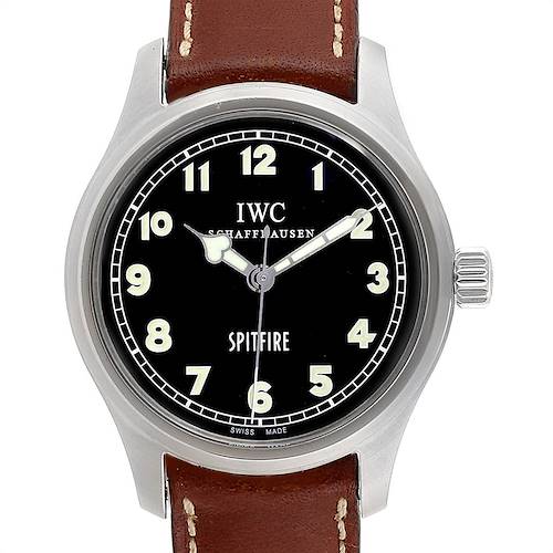 The IWC Pilot IW3253005 Men's Stainless Steel Black Dial IW3253005 Men's Stainless Steel Black Dial model is shown from a top-down angle, highlighting the watch face, bezel, crown, and leather strap.