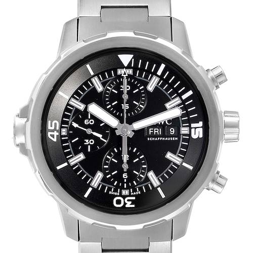 The image shows a front view of the IWC Aquatimer IW376804 Men's Stainless Steel Black Dial IW376804 Men's Stainless Steel Black Dial watch, displaying the dial, bezel, and part of the stainless steel bracelet.