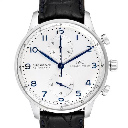 The image shows a front view of the IWC Portuguese IW371446 Men's Stainless Steel Silver Dial IW371446 Men's Stainless Steel Silver Dial chronograph watch, highlighting the dial, hands, and leather strap.