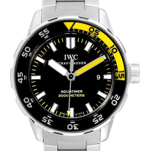 This is a frontal view of an IWC Aquatimer IW356801 Men's Stainless Steel Black Dial IW356801 Men's Stainless Steel Black Dial watch, showing the dial, bezel, hands, markers, and part of the bracelet.