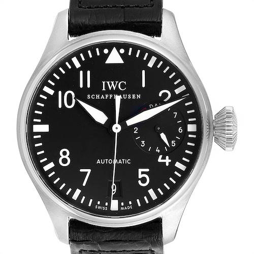 The IWC Pilot IW500401 Men's Stainless Steel Black Dial IW500401 Men's Stainless Steel Black Dial model watch is shown from the front, displaying the dial, hands, and crown in detail.