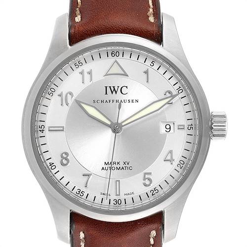 The image shows a front view of the IWC Pilot IW325313 Men's Stainless Steel Silver Dial IW325313 Men's Stainless Steel Silver Dial Mark XV automatic watch, highlighting the dial, case, crown, and leather strap.