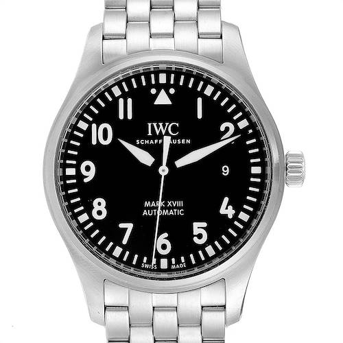 The image shows a front view of the IWC Pilot IW327015 Men's Stainless Steel Black Dial IW327015 Men's Stainless Steel Black Dial model Mark XVIII automatic watch, including the dial and part of the bracelet.